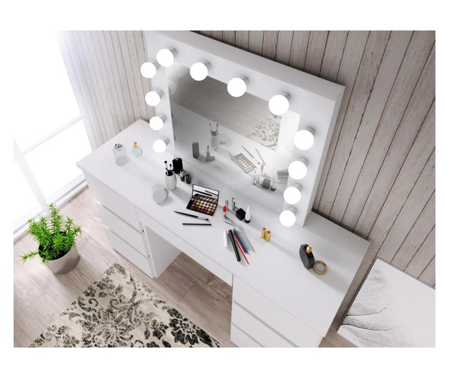 Set masa toaleta, 120 cm, cosmetica machiaj, masuta vanity, oglinda cu led-uri, alb, mbmt5