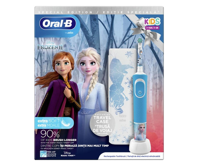 Periuta de dinti electrica Oral-B Vitality Frozen pentru copii + Travel Case, 7600 oscilatii/min, Curatare 2D, 2 programe, 1 cap