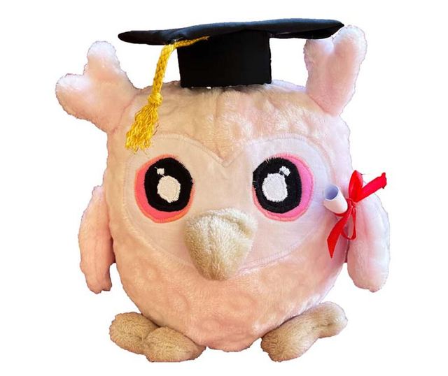Ballagási bagoly rózsaszín plüss ajándék, talár sapkával és diploma