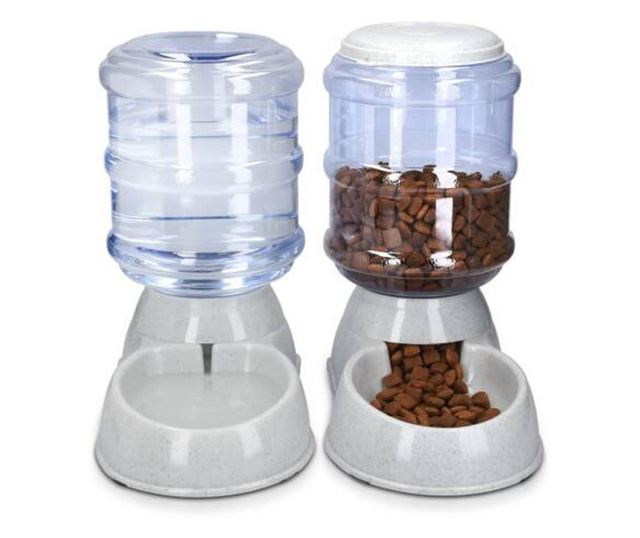 Set 1x Dispenser automat mancare si 1x Dispenser automat apa pentru Caini/ Pisici, Alb, 3,8l, 48332.22