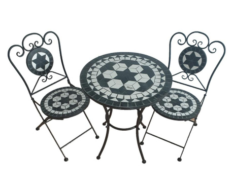 Set masa si 2 scaune din mozaic, cadru de fier, pliabile, pentru interior, exterior, terasa, gradina, alb negru