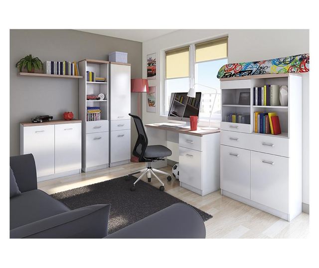 Komoda z 2 drzwiami i 5 szufladami, drewno dębowe białe, 120x33x85 cm