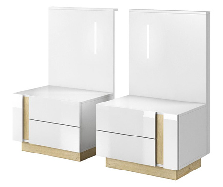 Комплект 2 нощни шкафчета бяло дъб лъскава бяло, City, 60x46x105 см