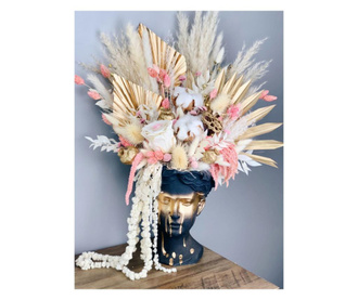 Aranjament cu flori uscate si stabilizate in vas venus, alb, auriu, roz, negru, 50 cm
