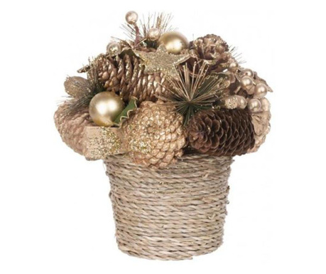 Коледна украса, кошница с шишарки и глобуси, злато, 19х19 см