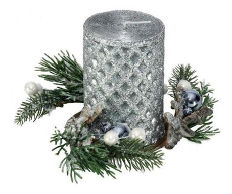 Свещник, елхови клонки, сребърна свещ, 15х15х10 см
