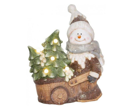 Karácsonyi dekoráció, kerámia, hóember kocsival és kis ágakkal, LED, 3xAA, 35x24x43 cm