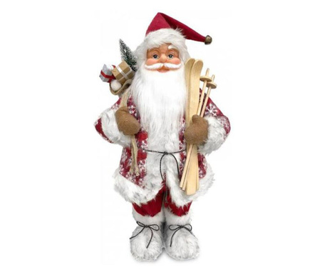 Karácsonyi dekoráció, Mikulás sílécekkel és ajándékokkal, piros-fehér pihe, 60 cm