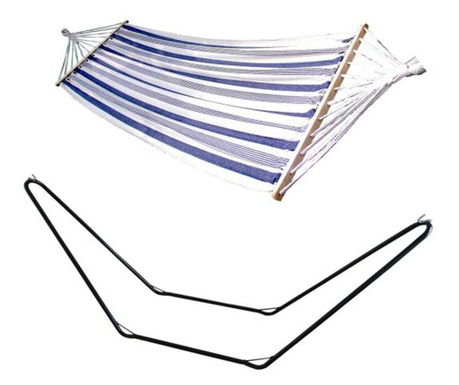Памучен хамак със стоманена опора, бял и син, макс 100 кг, 200х100 см