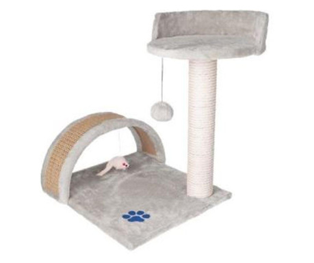 Игрален ансамбъл за котки, с легло, пискюл и бял равнец, сив, 40х36х50 см