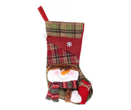 Karácsonyi dekoráció, ajándék zokni hóemberrel, piros és zöld, 25x42 cm