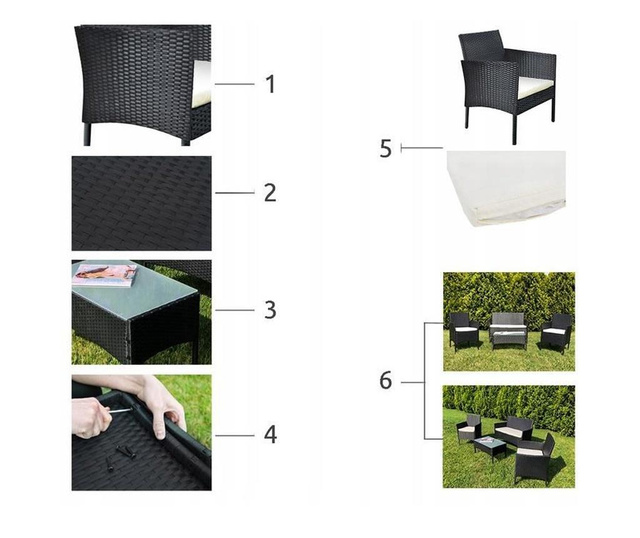 Set mobilier gradina/terasa, poliratan, structura metalica, negru cu perne crem, 1 masa, 2 fotolii, 1 canapea, Malatec