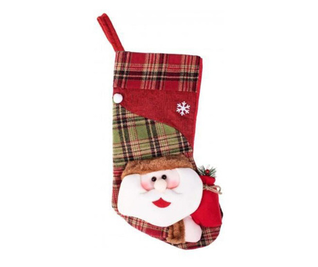 Коледна украса, чорап за подаръци с Дядо Коледа, червено и зелено, 25х42 см