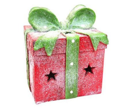 Коледна украса, подарък с панделка, със звезди, червено и зелено, led, 3xaa, 23.5x23.5x29 см