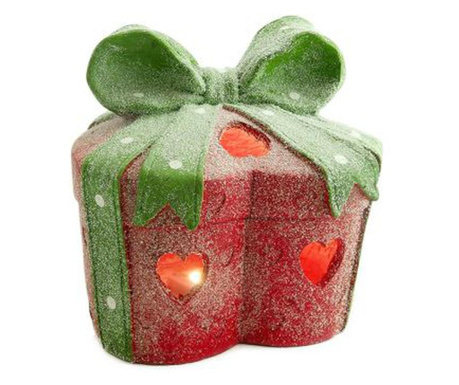 Коледна украса, подарък с панделка, със сърца, червено и зелено, LED, 3xAA, 28x28x27 см