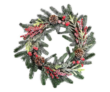 Коледна украса, корона от елхови клонки, червено и зелено, 40 см