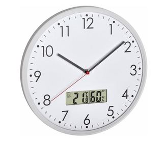 Csendes analóg falióra, digitális hőmérővel és higrométerrel, fehér, TFA 60.3048.02