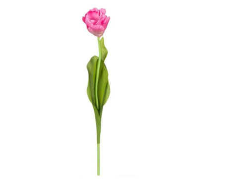 Floare artificiala decorativa, lalea roz cu frunze verzi lungi, inaltime 50 cm