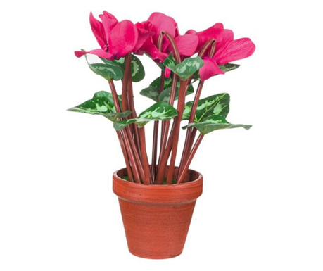 Floare artificiala ornamentala in ghiveci, ciclamen cu petale roz si frunze verzi, inaltime 27 cm