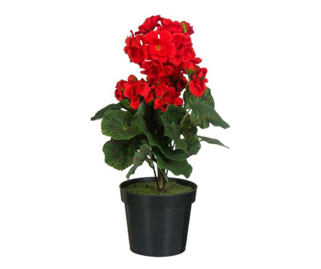 Floare artificiala ornamentala in ghiveci, geranium cu inflorescente rosii si frunze verzi, inaltime 35 cm