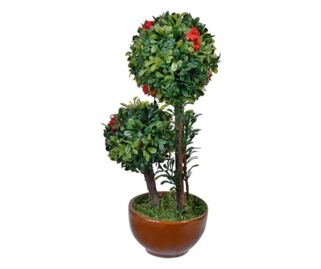 Floare artificiala ornamentala in ghiveci, bonsai inflorit si cu frunze verzi, inaltime 16 cm