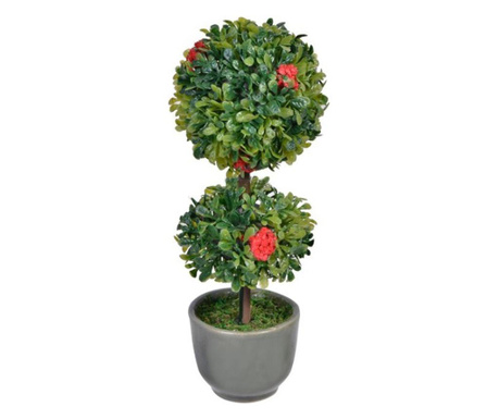 Floare artificiala ornamentala in ghiveci, bonsai cu inflorescente rosii si frunze verzi, inaltime 15 cm