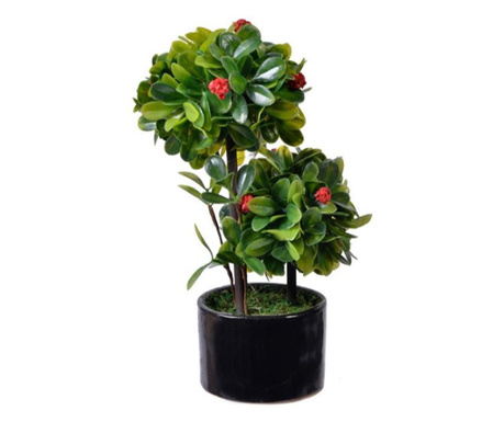 Floare artificiala decorativa in ghiveci, bonsai inflorit cu inflorescente rosii si cu frunzulite verzi, inaltime 20 cm