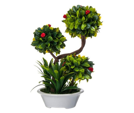 Floare artificiala decorativa in ghiveci, bonsai inflorit cu inflorescente rosii si cu frunzulite verzi, inaltime 25 cm