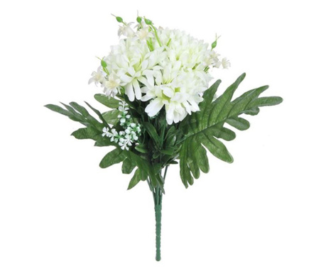 Buchet de plante artificiale decorative, crizanteme cu flori albe si frunze verzi, inaltime 39 cm