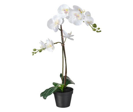 Floare artificiala cu frunze verzi, aspect natural, orhidee alba, 65 cm