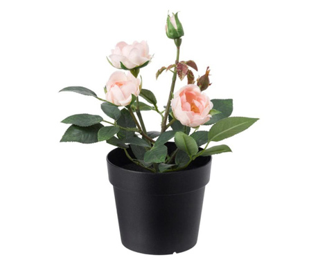 Floare artificiala cu frunze verzi, trandafir roz in ghiveci, 20 cm, pentru decor interior si exterior