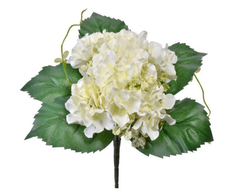 Floare artificiala decorativa, hortensie inflorita, alba cu frunze verzi, lungime 20 cm