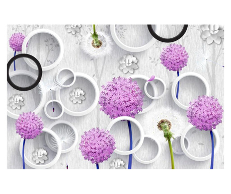 Media vászon kép, lila/fekete pitypangok, fehér/fekete körök, 105x70 cm
