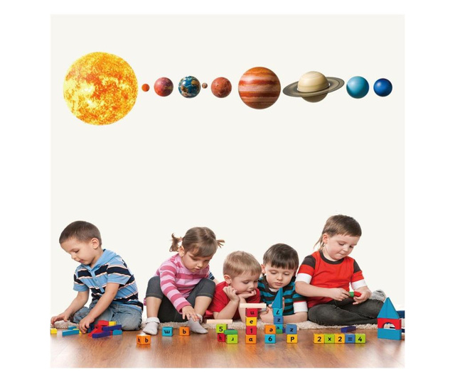 Sticker Decorativ Autocolant, Sistemul Solar cu 10 Planete, pentru Living, Dormitor, Spatiu Comercial sau Sala de Clasa, Multico