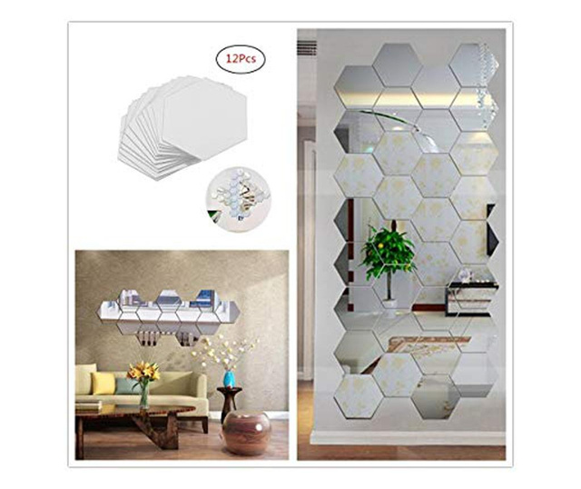 Oglinzi Decorative Hexagonale tip Fagure Hexagon, din Material Acrilic, pentru Decorare Pereti Living sau Dormitor - 12 Bucati M