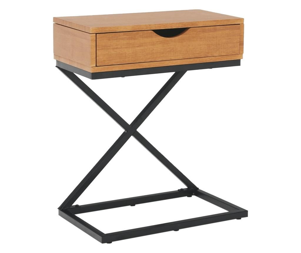 Oak Brown MDF Nightstand with Black Metal Legs, 50x30x60 cm