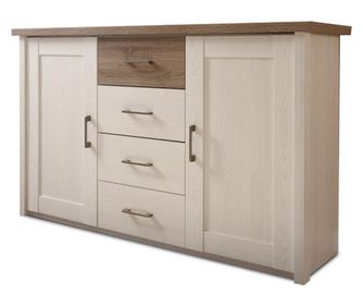 Komód 2 ajtós 4 fiókos MDF fehér fenyő Sonoma tölgy truffle Lumera 150x42x90 cm
