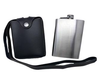 Plosca din inox in toc din piele ecologica neagra, tocul are si curea, usor de transportat,500 ml doty  9x3x14