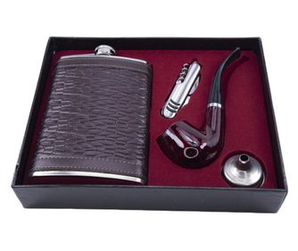 Set cadou plosca metalica cu pipa, desfacator si palnie,inox,250 ml, plosca este invelita in piele ecologica tip croco de culoar