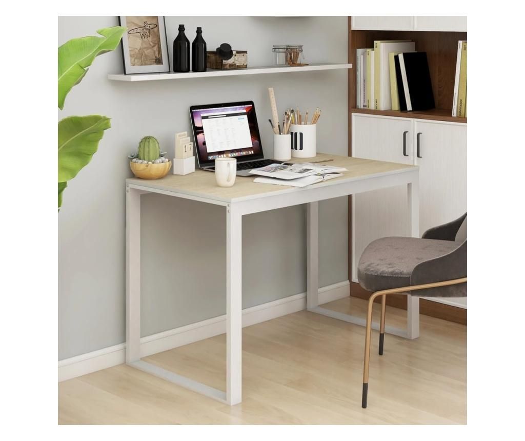 Birou de calculator, alb și stejar, 110x60x73 cm, PAL