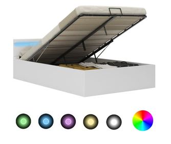 Рамка за легло с хидравличен повдигащ механизъм и LED осветление бяла 140x200 см еко кожа