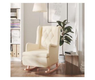 Кресло с люлеещи се крака от каучуково дърво, сметана, текстил