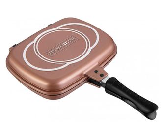 Tigaie grill dubla, Royalty Line RL-DF34M, 34cm, Acoperire Marmura, Cupru