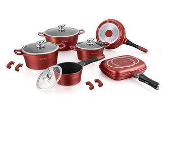 Set oale si tigai Royalty Line RL-ES1015M, 15 bucati, Inductie, Marmura, Bordeaux