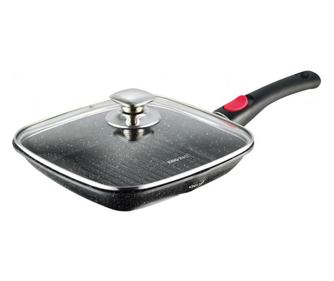 Tigaie Grill cu capac si maner detasabil Kinghoff KH 1510, 24 cm, Acoperire Marmura, Inductie, Negru