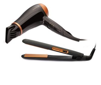 Комплект преса за коса и сешоар Remington D3012GP, Керамично покритие, Черен/златист
