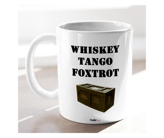 Cana personalizata cu mesajul "whisky, tango, foxtrot", ceramica alba, 330 ml