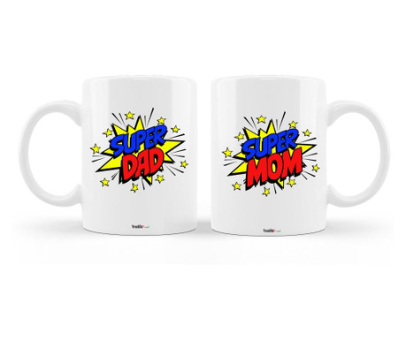 Set doua cani personalizate pentru parinti cu mesajele "super dad", "super mom", ceramica alba, 330 ml