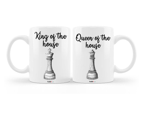 Set doua cani personalizate pentru cuplu cu mesajele "queen of the house", "king of the house", ceramica alba, 330 ml