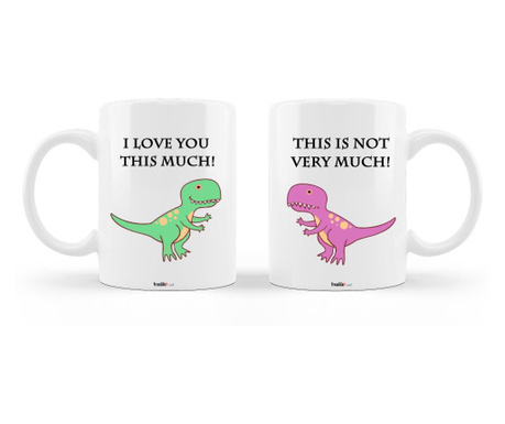 Set doua cani personalizate pentru cuplu, imagine cu dinozauri si mesajele "i love you this much" si "this is not very much", ce
